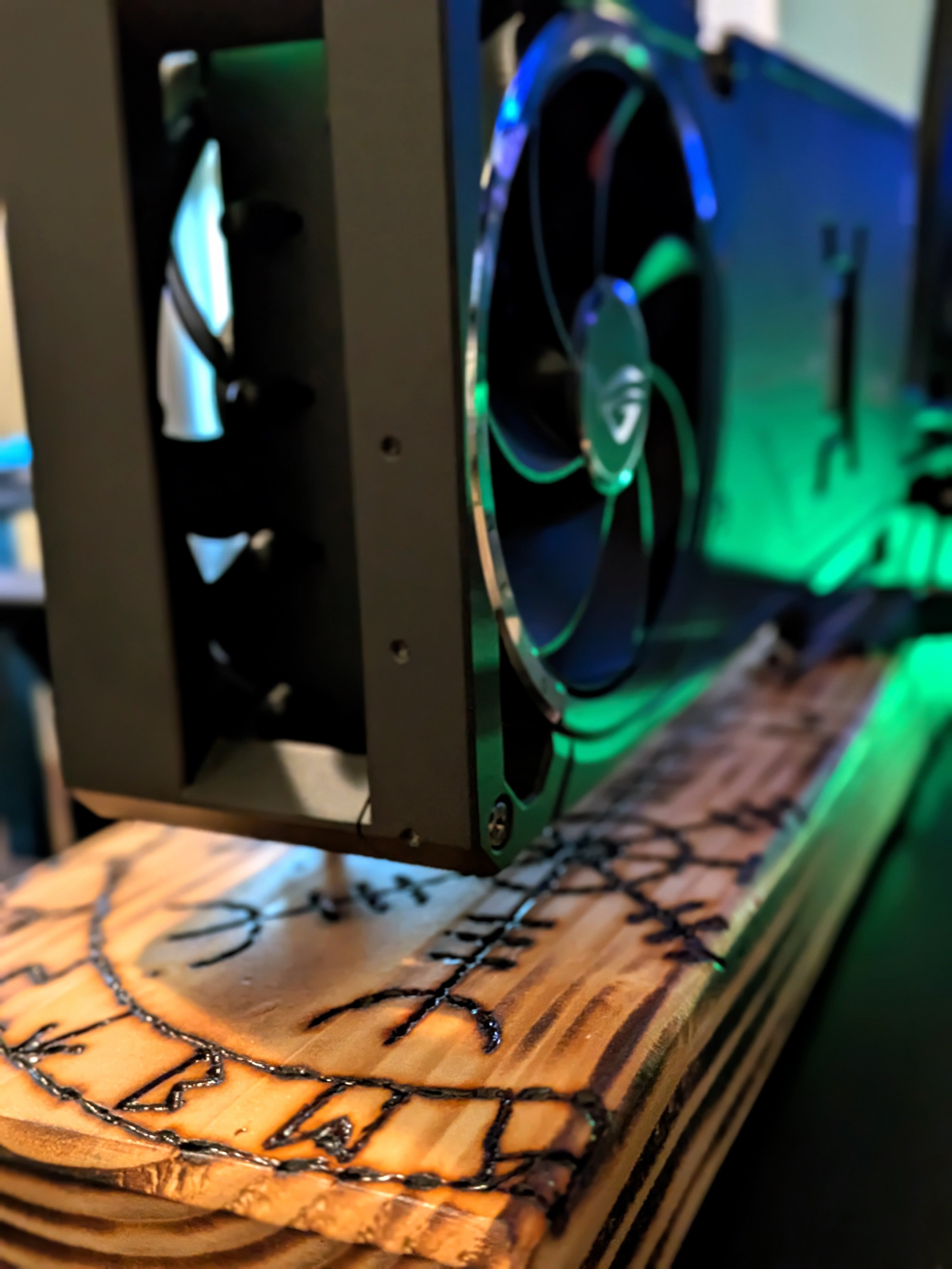 Shield Maiden - Valkyrie GPU Stand w/ LINKUP PCIe 5.0 Riser | Fire-Burned Artisan | Helm of Awe